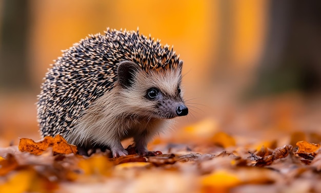 A small brown and white hedgehog is standing on a pile of leaves The leaves are orange and yellow giving the scene a warm and cozy feeling