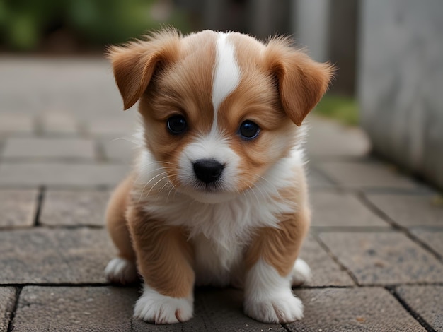 a small brown and white puppy is sitting on a wooden surface