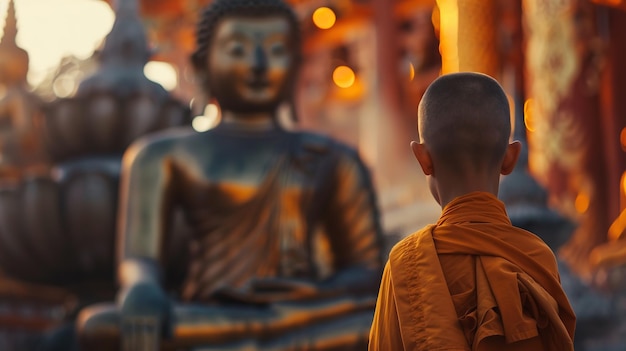 Photo a small buddhist monk positioned in front of a statue of buddha generative ai