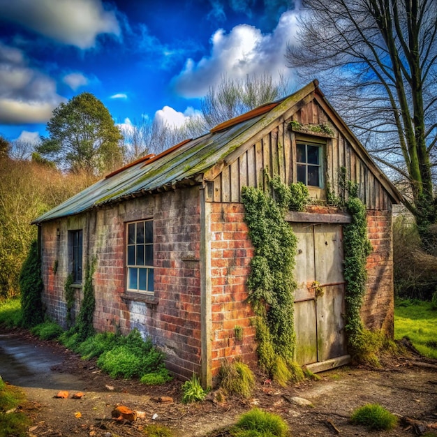 a small building with a moss covered roof is shown