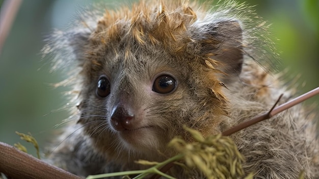 A small bushy tree koala sits in a nest.