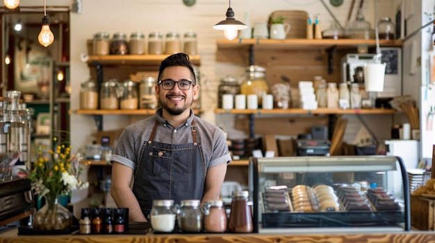 A small business owner in a charming storefront managing daily operations interacting with customer