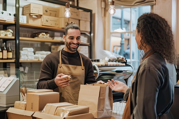 Photo small business owner chatting with customer while packaging order