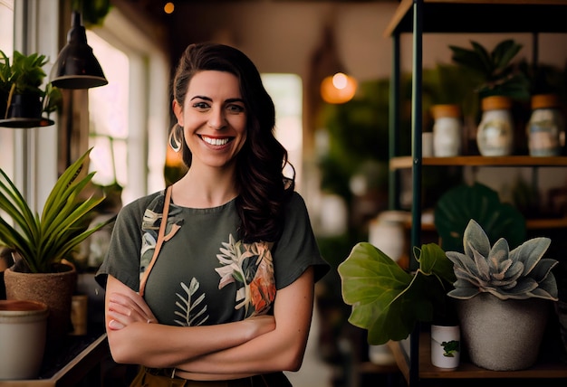 Small business owner smiling in her plant shop Generate Ai