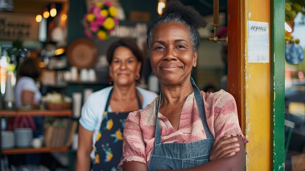 Small business owner women at entrance looking at camera