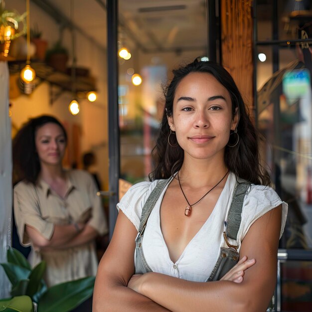 Photo small business owner women at entrance looking at camera