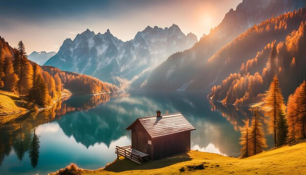 Photo a small cabin by a lake in the mountains