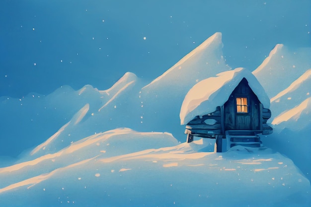 A small cabin on top of a snowy mountain