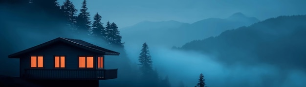 Photo a small cabin with glowing windows sits on a foggy mountainside