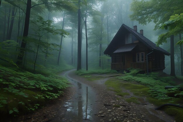 Small cabin in the woods with a dirt road