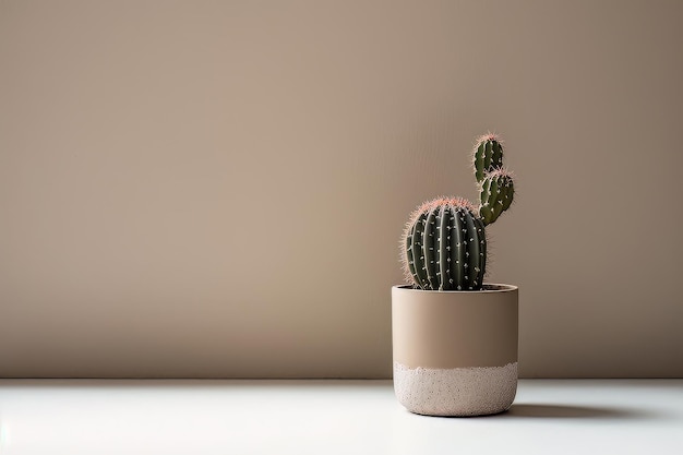 Small cacti with a beige wall minimalist background Illustration AI Generative