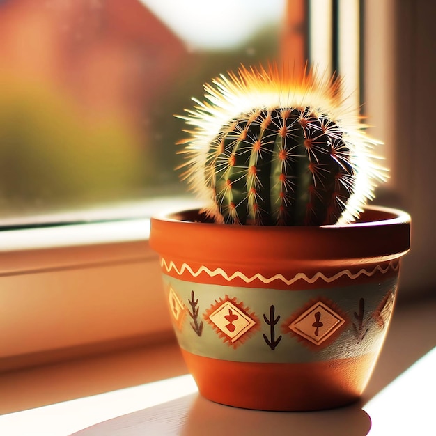 A small cactus sits in a vase on a windowsill Generative AI