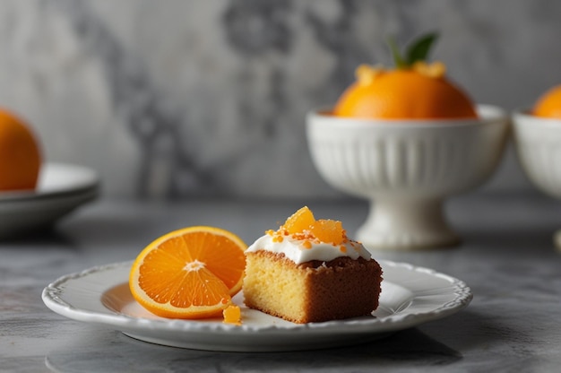 Photo small cake with chopped orange topping on a platter on marble