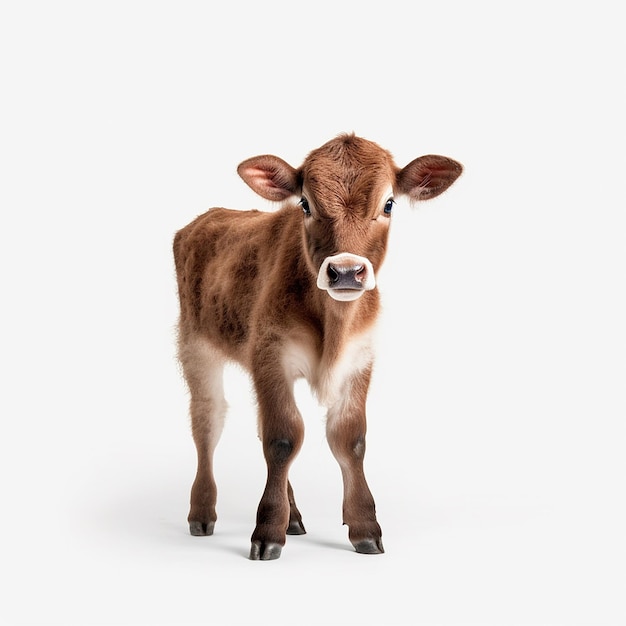 A small calf is standing in front of a white background