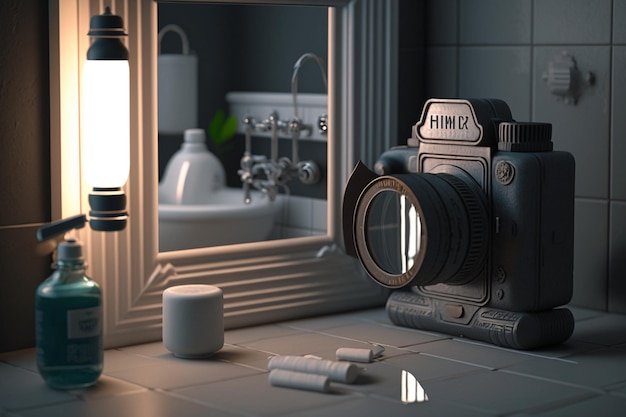 A small camera sits on a counter in front of a mirror.