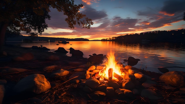 small campfire with gentle flames beside a lake during a glowing sunset western australia