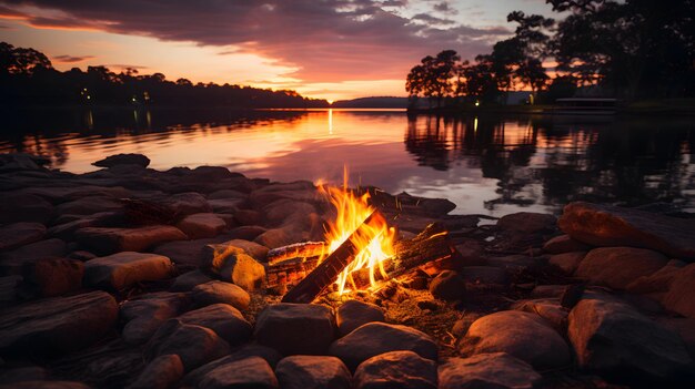 small campfire with gentle flames beside a lake during a glowing sunset western australia