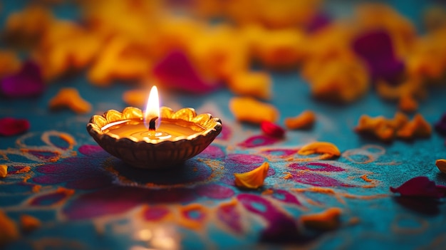 Photo a small candle that is lit up with orange petals