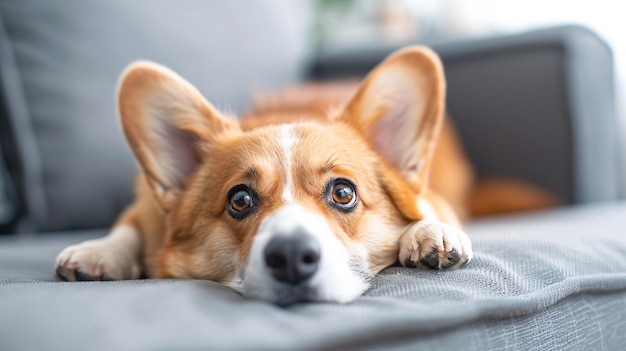 A small canine resting on a sofa in a workplace in close proximity