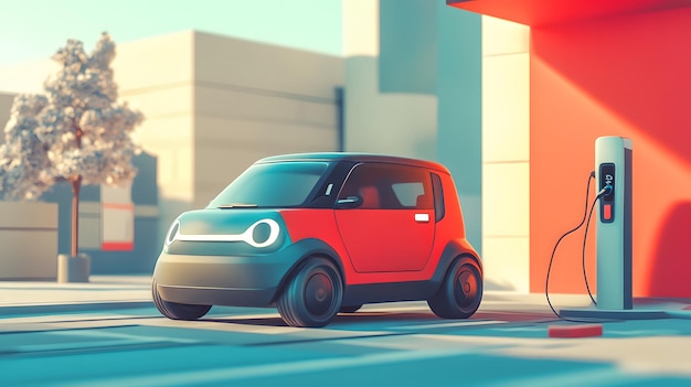 A small cartoonlike electric car at a charging station with a vibrant and minimal design soft shadows