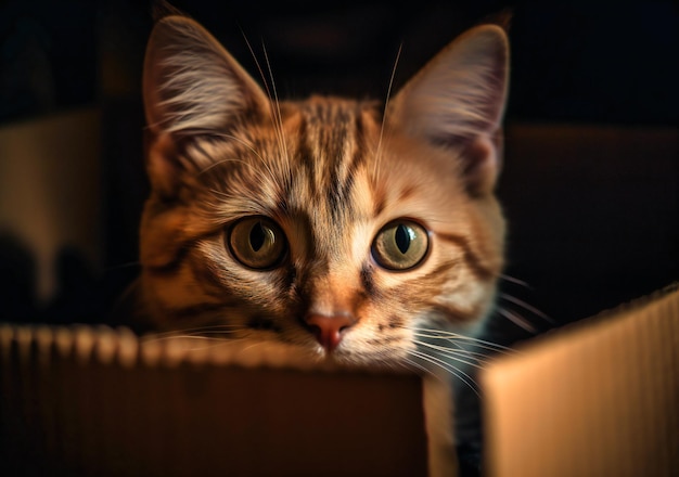 Small cat peeking out of a cardboard box