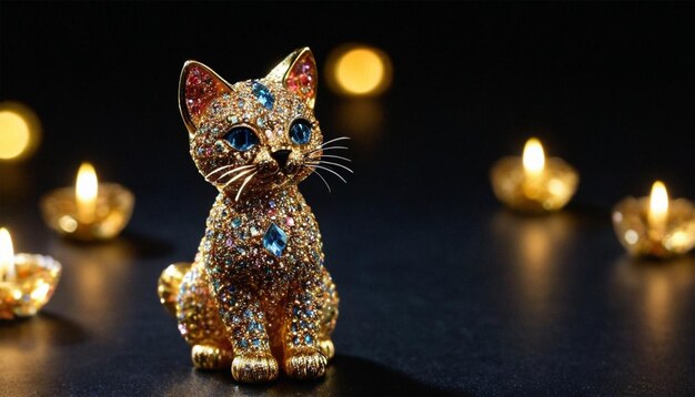 Photo a small cat with a gold and silver glitter on it sits on a table