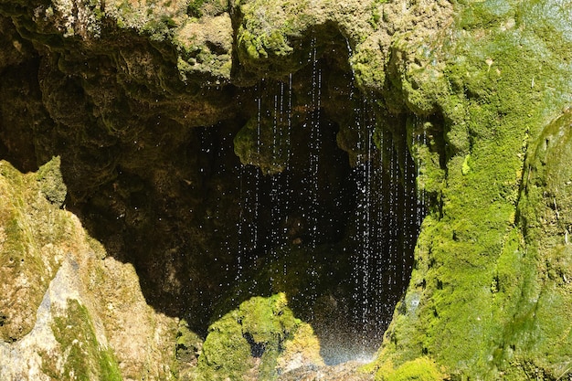 Small cave in the rock full of green moss with jets of water falling ahead