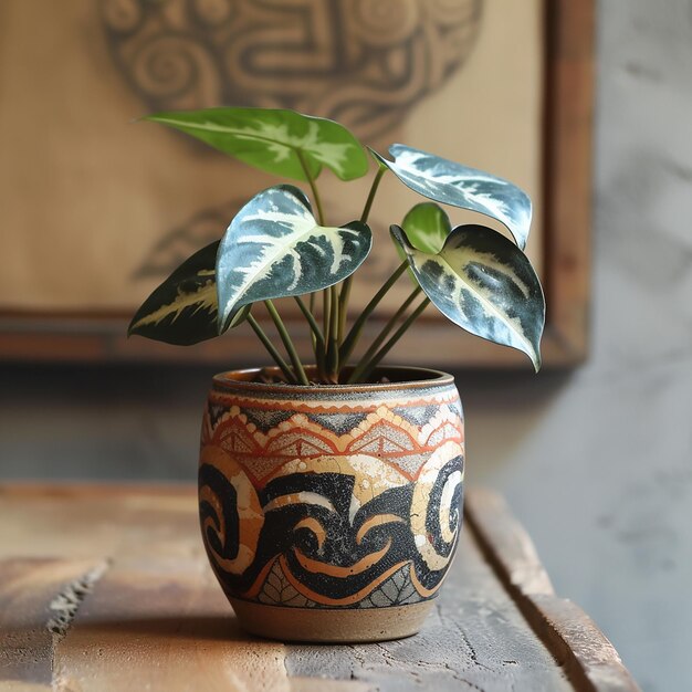 Photo a small ceramic vase with a leaf design on it