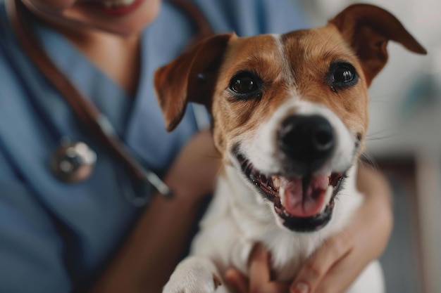 Small cheerful dog enjoys a loving cuddle from a veterinarian with a stethoscope in the background