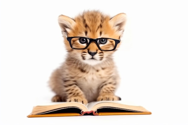 a small cheetah wearing glasses sitting on top of an open book