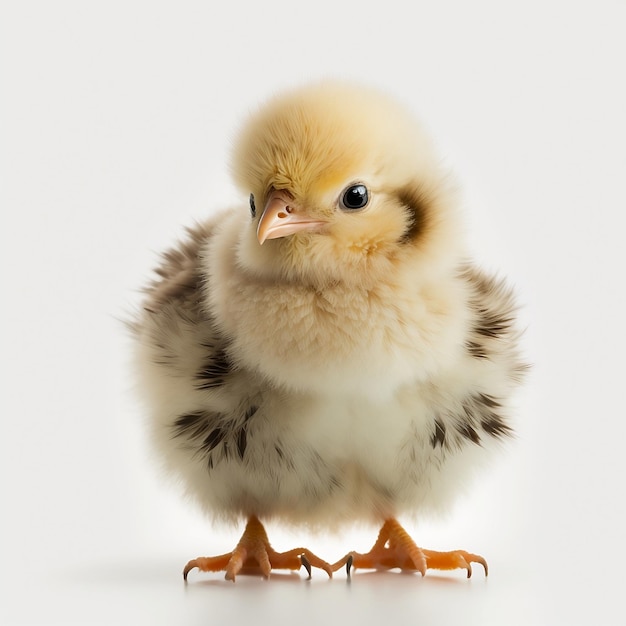 A small chicken with a black eye and yellow feathers.