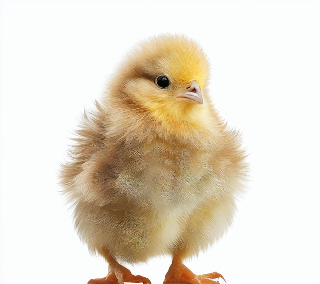 A small chicken with yellow feathers and black eyes is standing on a white background.