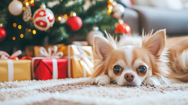 A small Chihuahua dog sits in front of a Christmas tree and presents