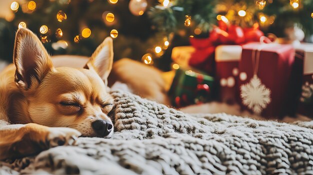 A small Chihuahua sleeps soundly under a Christmas tree