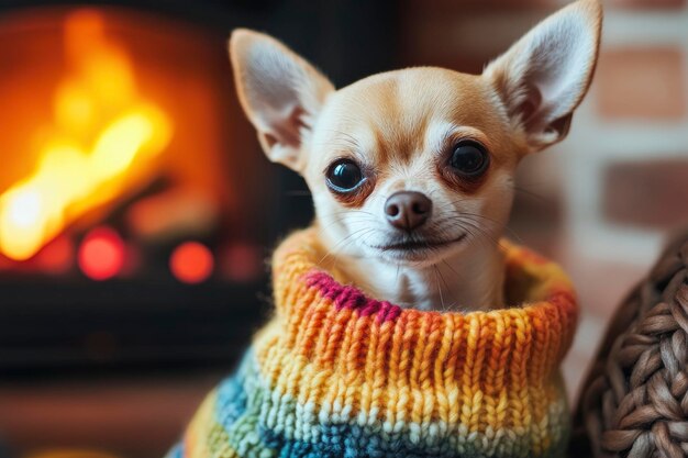 A small Chihuahua wearing a colorful sweater sitting in a cozy living room with a fireplace subtly