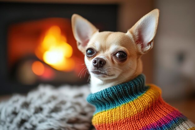 A small Chihuahua wearing a colorful sweater sitting in a cozy living room with a fireplace subtly