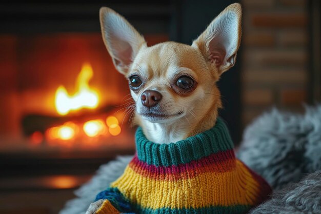 Photo a small chihuahua wearing a colorful sweater sitting in a cozy living room with a fireplace subtly