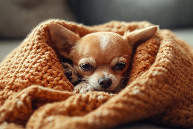 Photo a small chihuahua wrapped up in a blanket on a couch