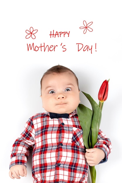 A small child in a beautiful plaid shirt on a white background with a tulip in his hands Mockup for advertising design celebration postcards