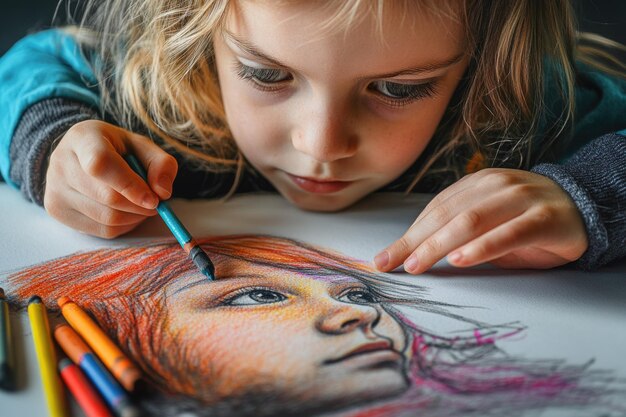 Photo small child draws with pastel crayons on white table