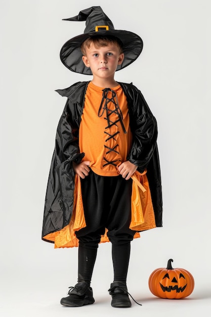 Photo a small child dressed as a witch with a black hat and a black cape