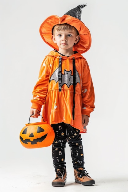 Photo a small child dressed as a witch with a black hat and a black cape