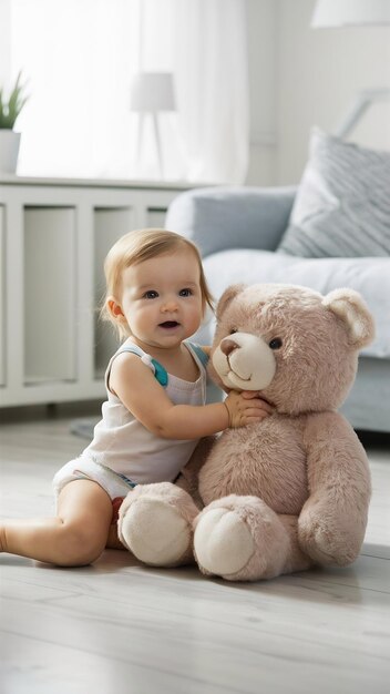 A small child a girl of 6 months is sitting with a large soft bear in a bright apartment in diapers