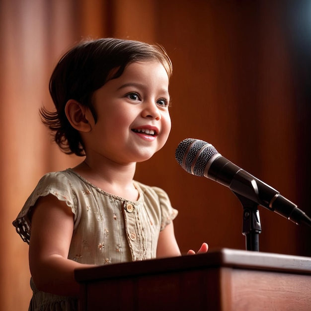 Small child happy and confident giving speech at press conference meeting