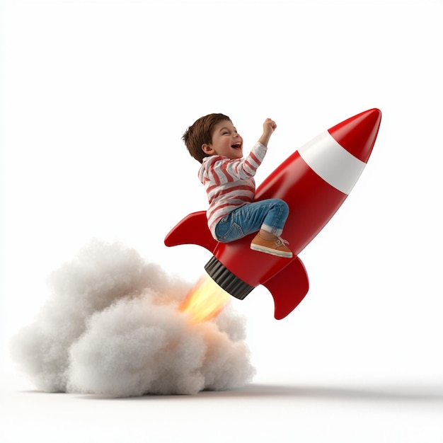 a small child is flying a rocket with a rocket on the bottom