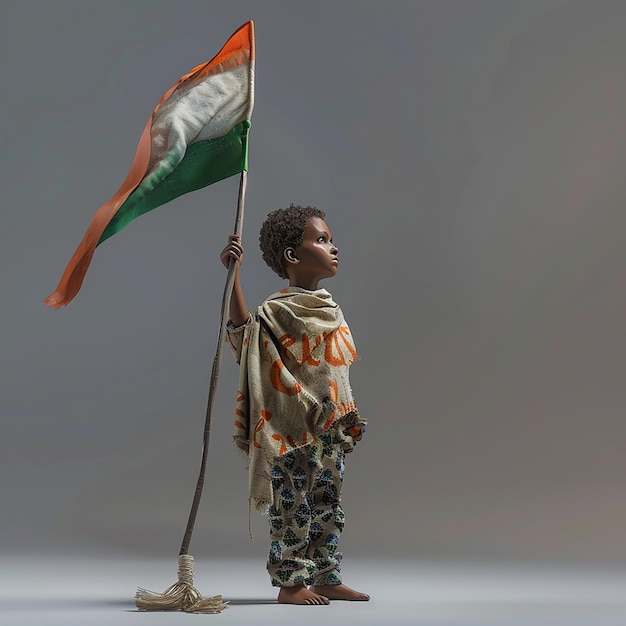 a small child is holding a flag with an image of a man and a woman