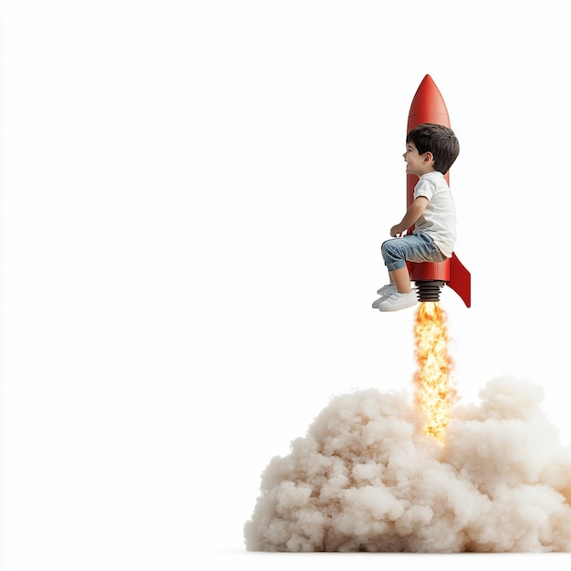 a small child is sitting on a rocket that says quot space quot