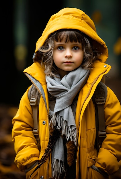 Photo a small child is standing in the woods a little girl wearing a yellow jacket and scarf