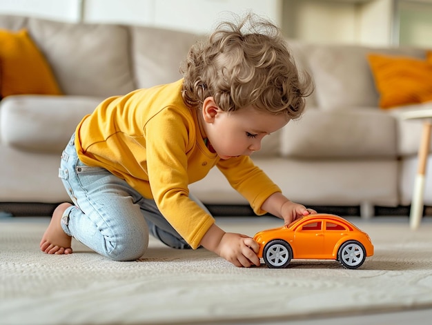 Photo a small child playing with a toy car on the floor