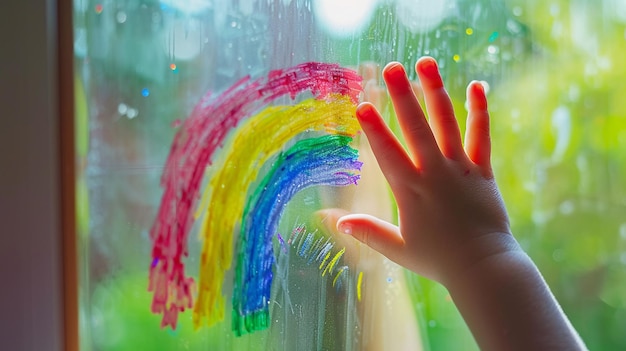 A small child and a rainbow on the window pane